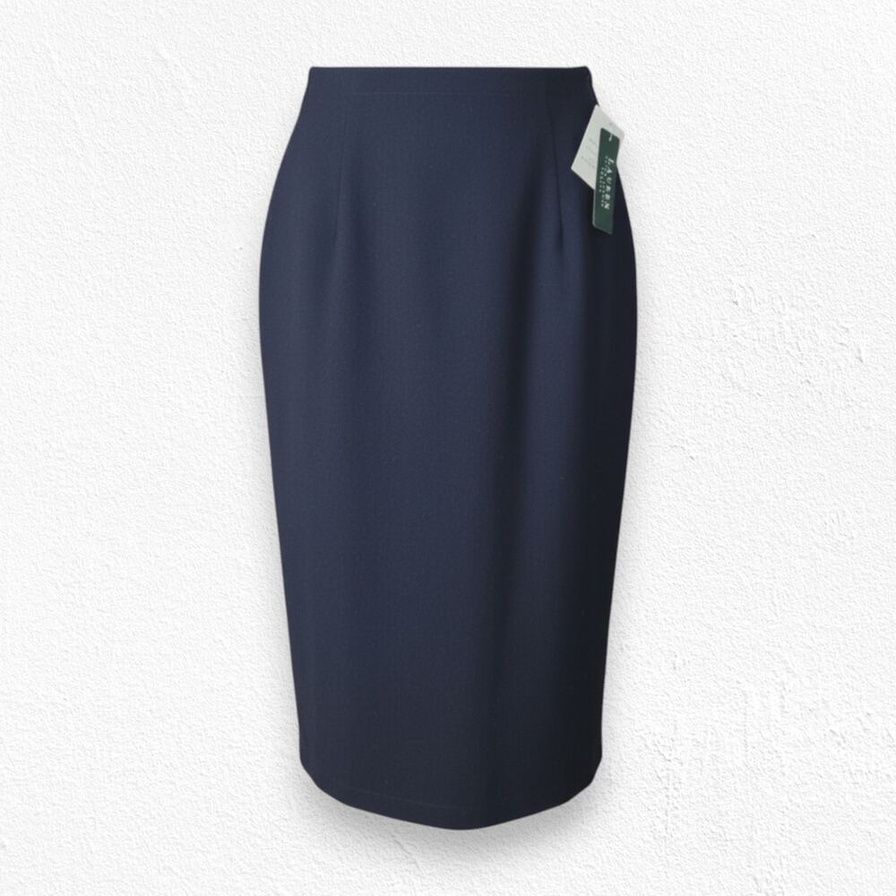 Vintage Lauren Ralph Lauren Navy Wool Lace-Up Back Pencil Skirt Size 12P 1990s